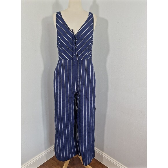 BB Dakota‎ Jumpsuit Womens 6 Navy Stipped Scout Ellipsis V Neck Pinstripe - Picture 1 of 13